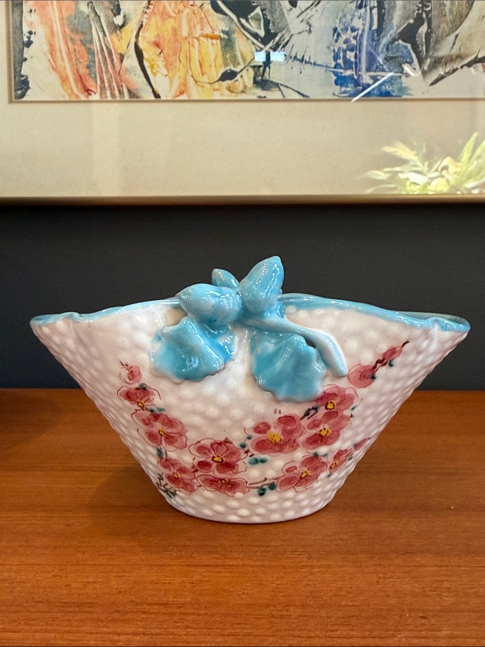 Hand-Painted Floral Ceramic Bowl with Blue Leaf Accent